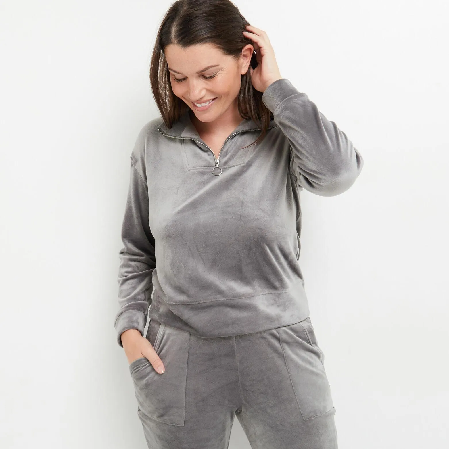 SWEAT COL ZIP VELOURS GRIS