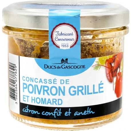 Concassé de poivron grillé et homard, citron confit et aneth