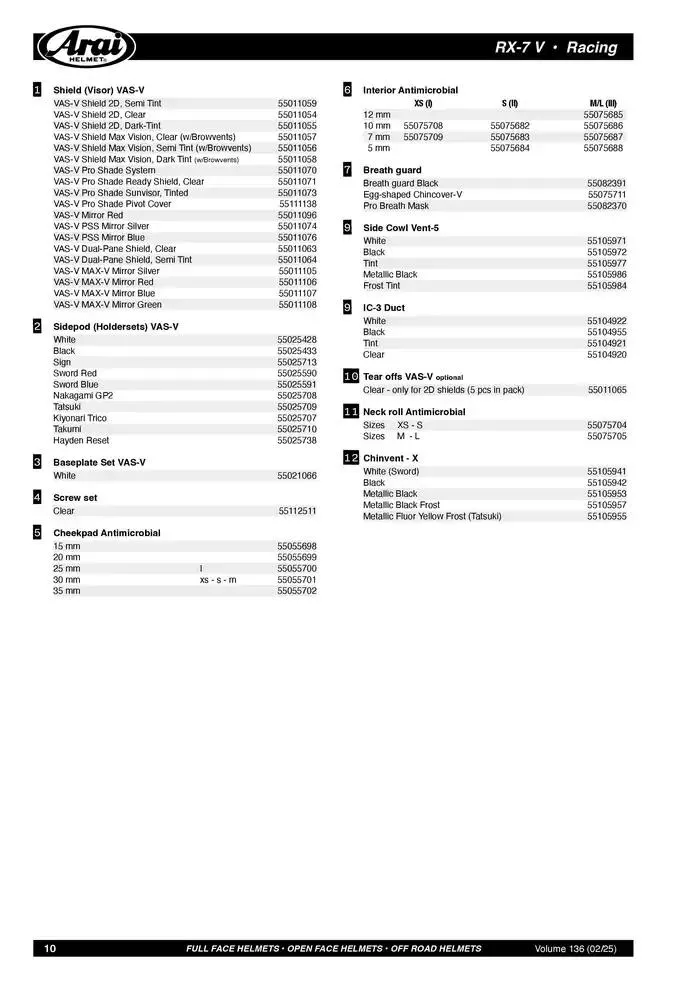 ARAI Parts Book 2025 du 21 février au 31 décembre 2025 - Catalogue page 10