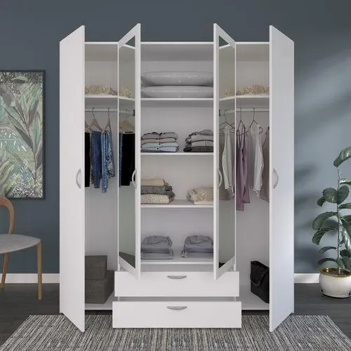 Armoire 4 portes 2 tiroirs L. 160 cm avec miroir DAILY blanc