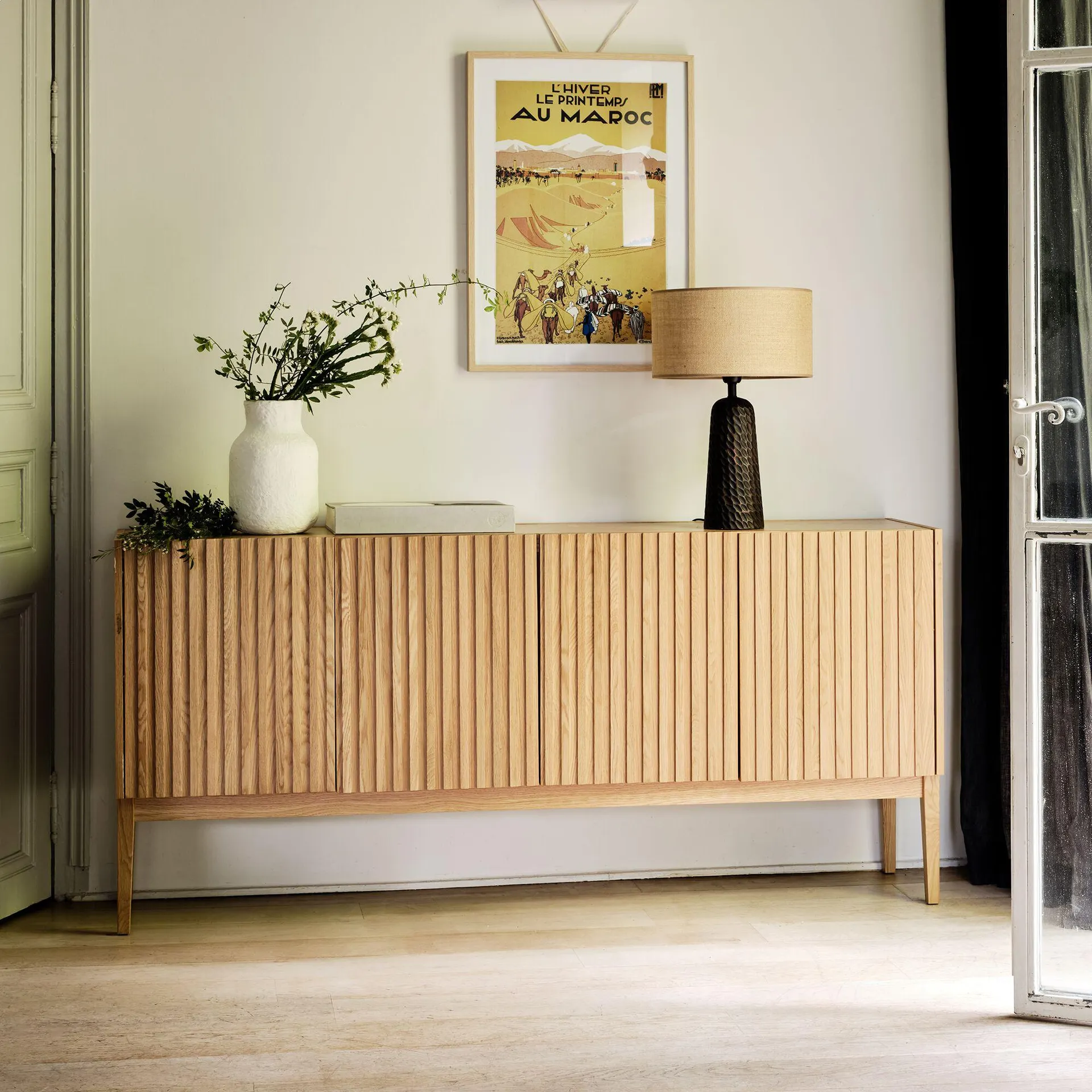 Buffet naturel 4 portes en plaqué chêne - bois clair