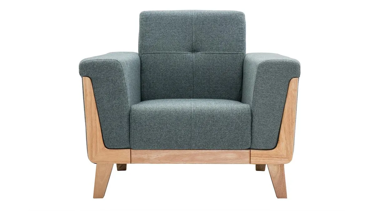 Fauteuil scandinave en tissu vert de gris et bois clair FJORD