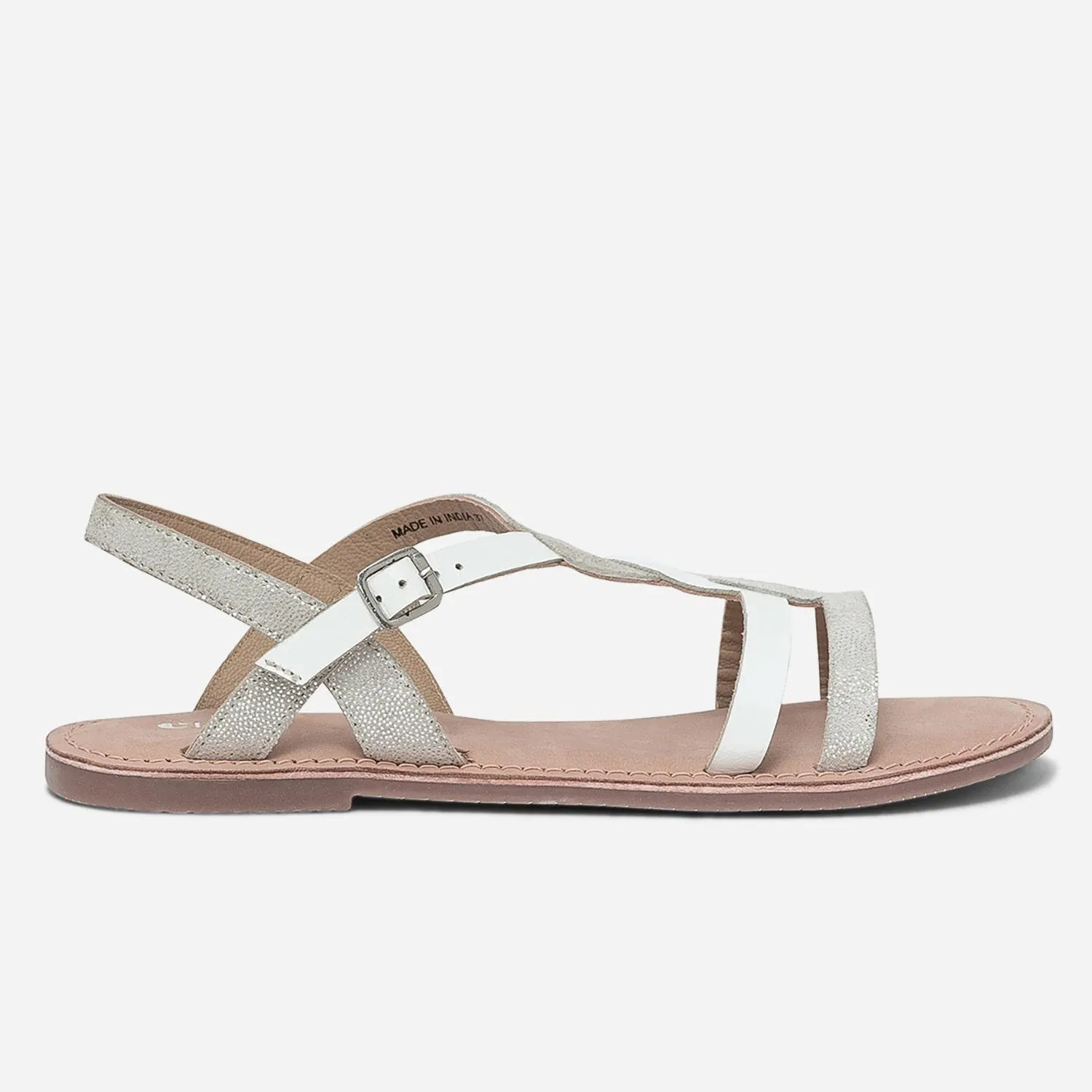 Sandale blanche en cuir lisse et imprimé