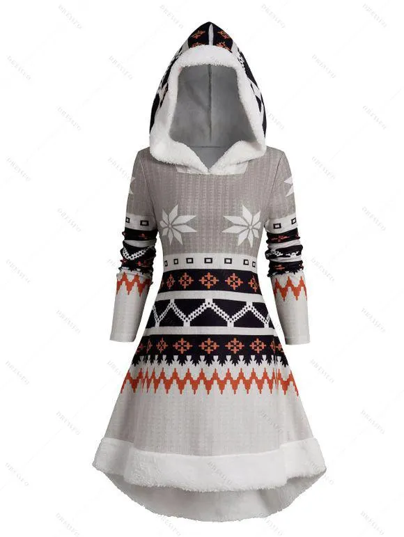 Robe A Line à Capuche en Fausse Fourrure Imprimé Flocon de Neige de Noël Ethnique