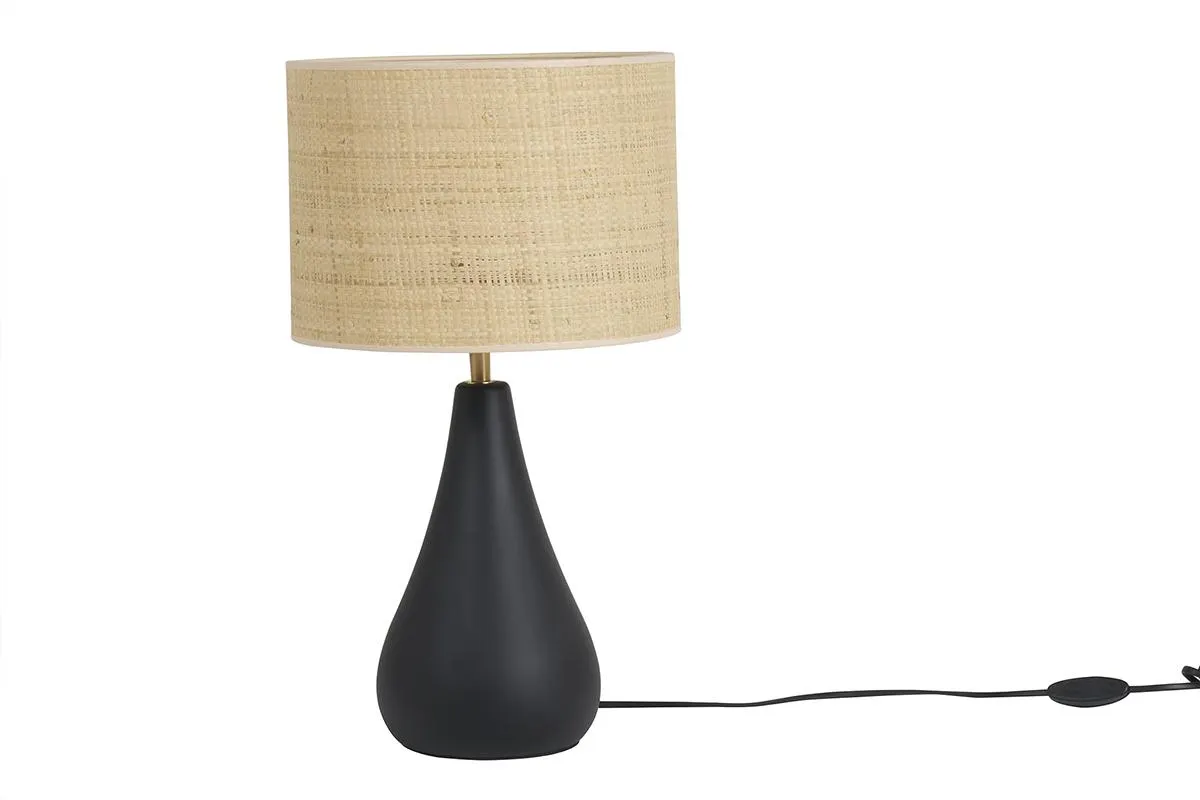 Lampe à poser noire en céramique mate et abat-jour en raphia H49 cm PYRUS