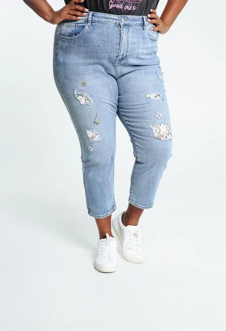 Jean 7/8 avec patchs en dentelle et strass