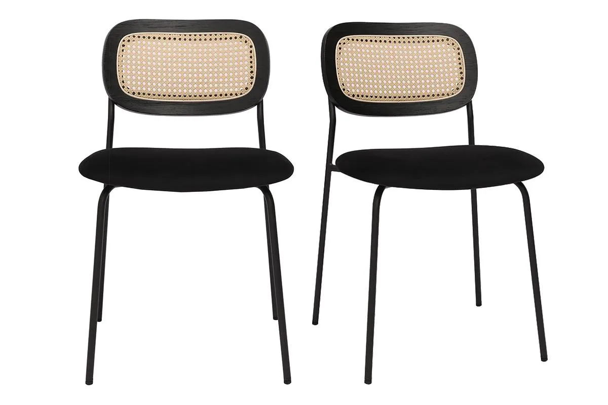 Chaises design en velours noir, métal noir et cannage rotin (lot de 2) MIRANDA