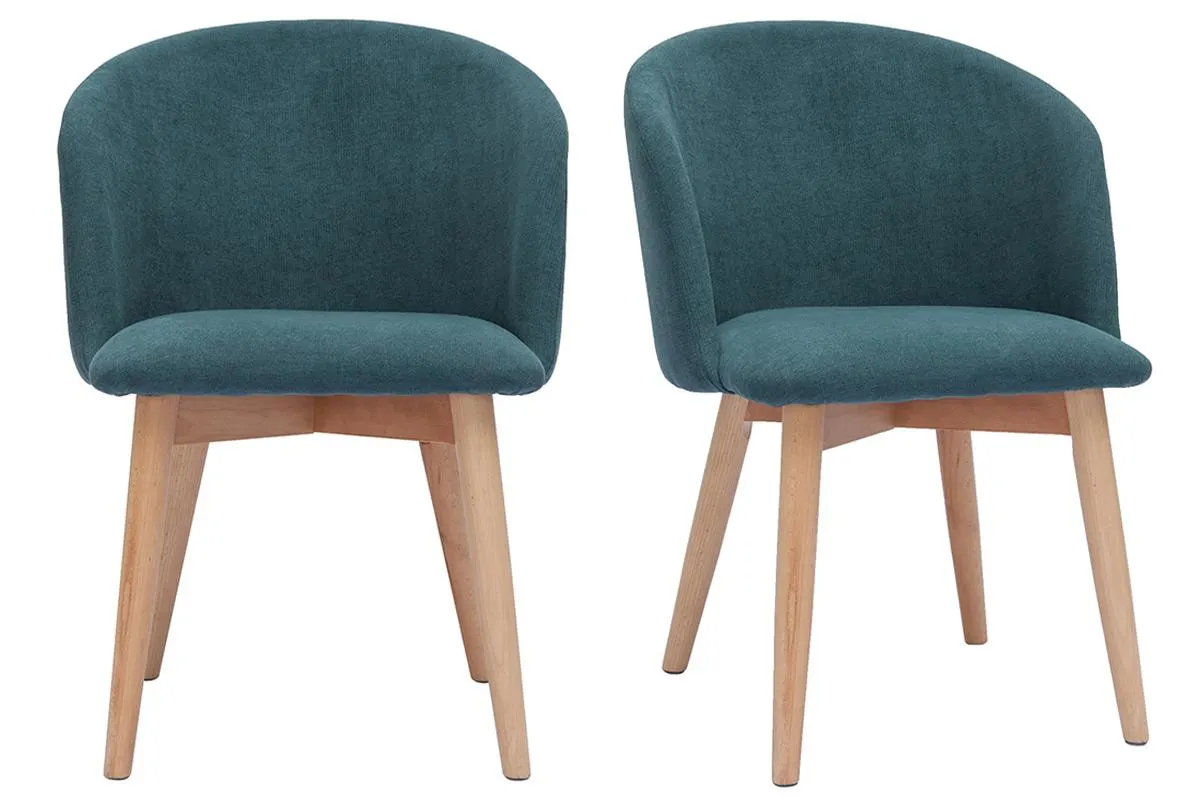 Chaises scandinaves en tissu effet velours bleu canard et bois clair massif (lot de 2) VANITY