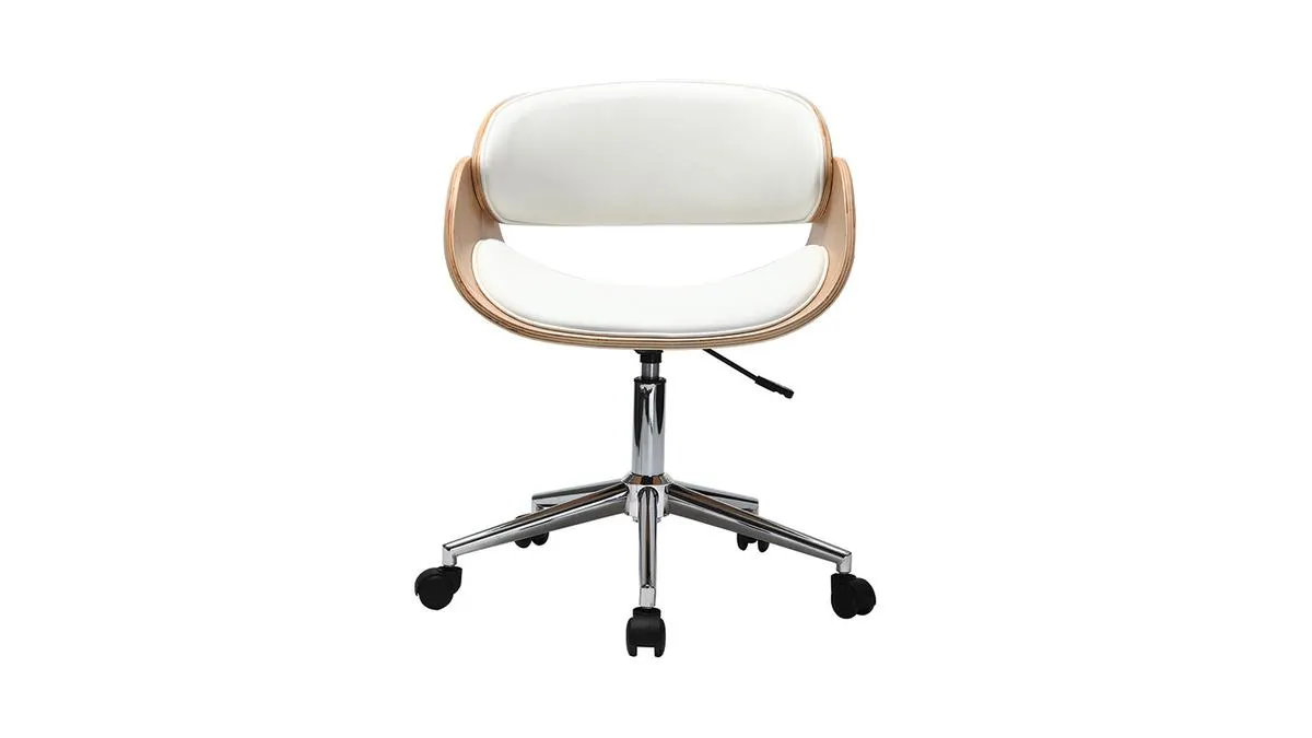 Chaise de bureau à roulettes design blanc, bois clair et acier chromé BENT