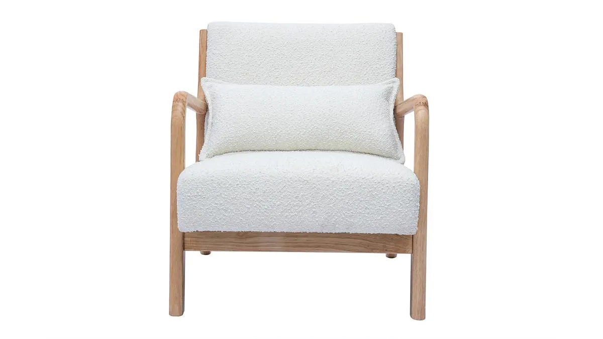 Fauteuil scandinave en tissu effet laine bouclée blanc et bois clair massif DERRY