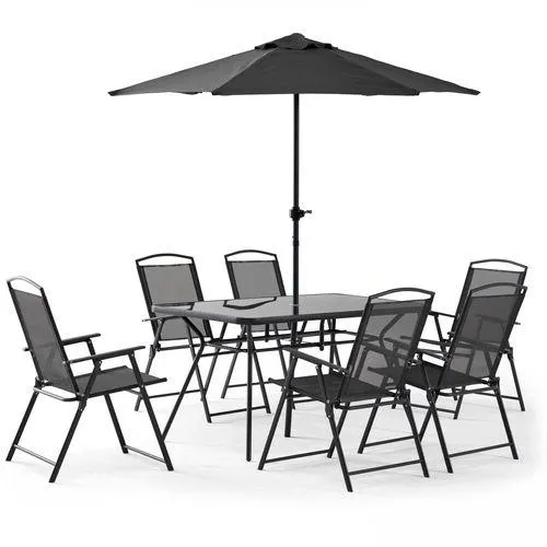 OVIALA Salon De Jardin 6 Places ensemble table + 6 chaises + Parasol - Gris