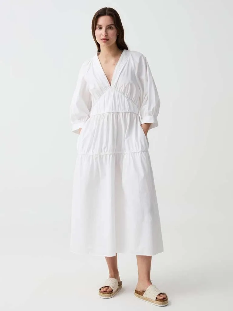 Optical White Long empire-style dress in poplin