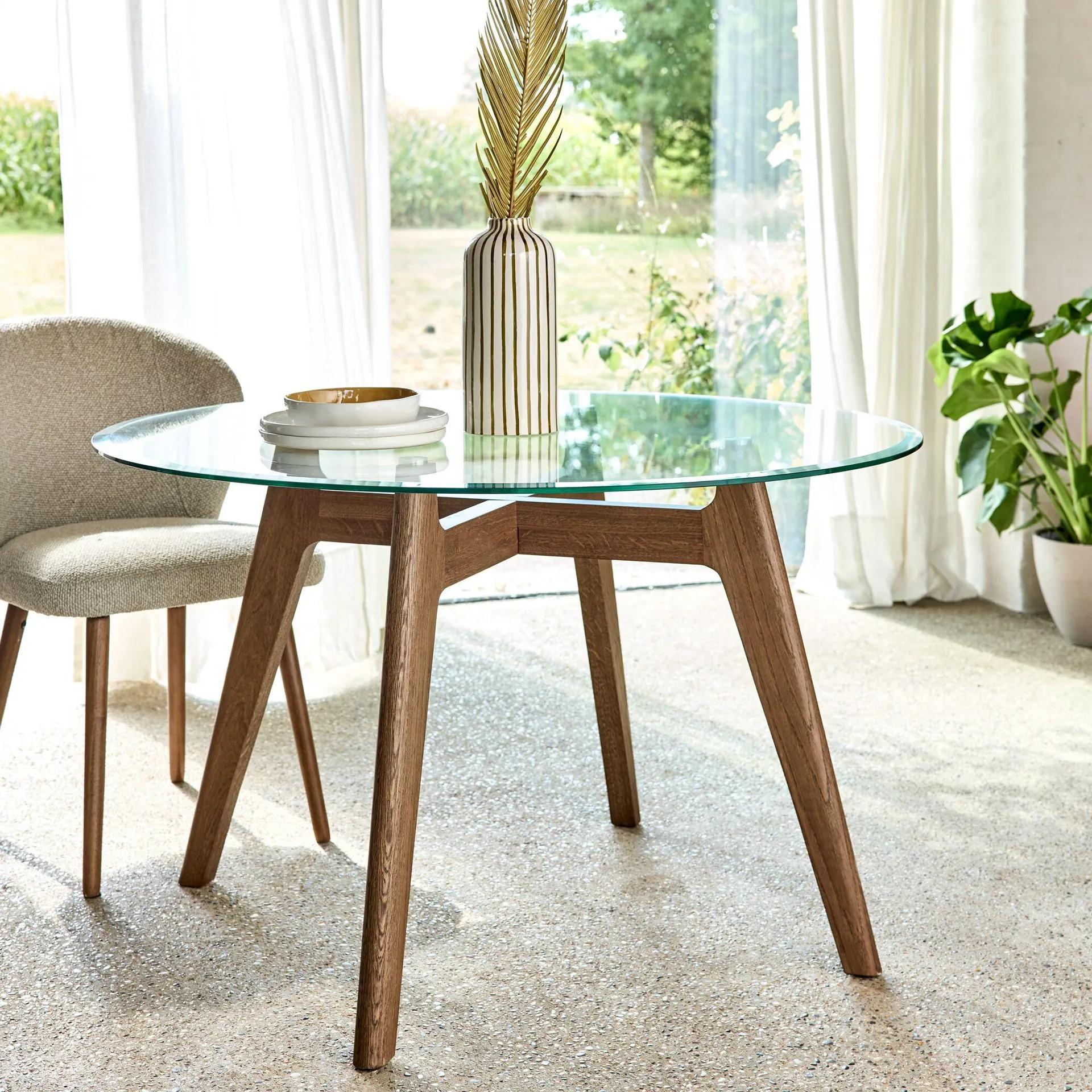 Table de repas ronde en verre trempé et chêne - bois clair (6 places)