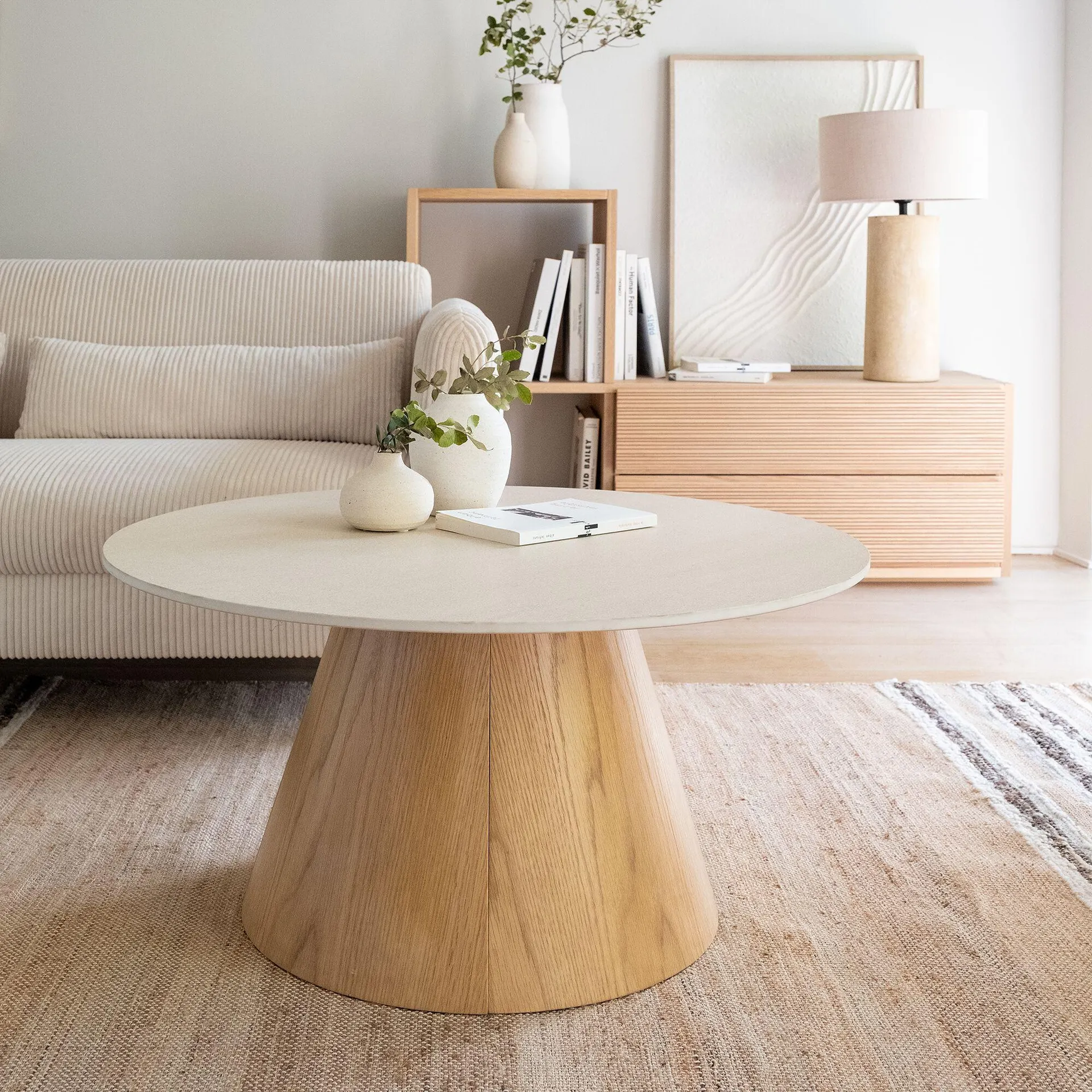 Table basse ronde en céramique et bois D80cm - beige