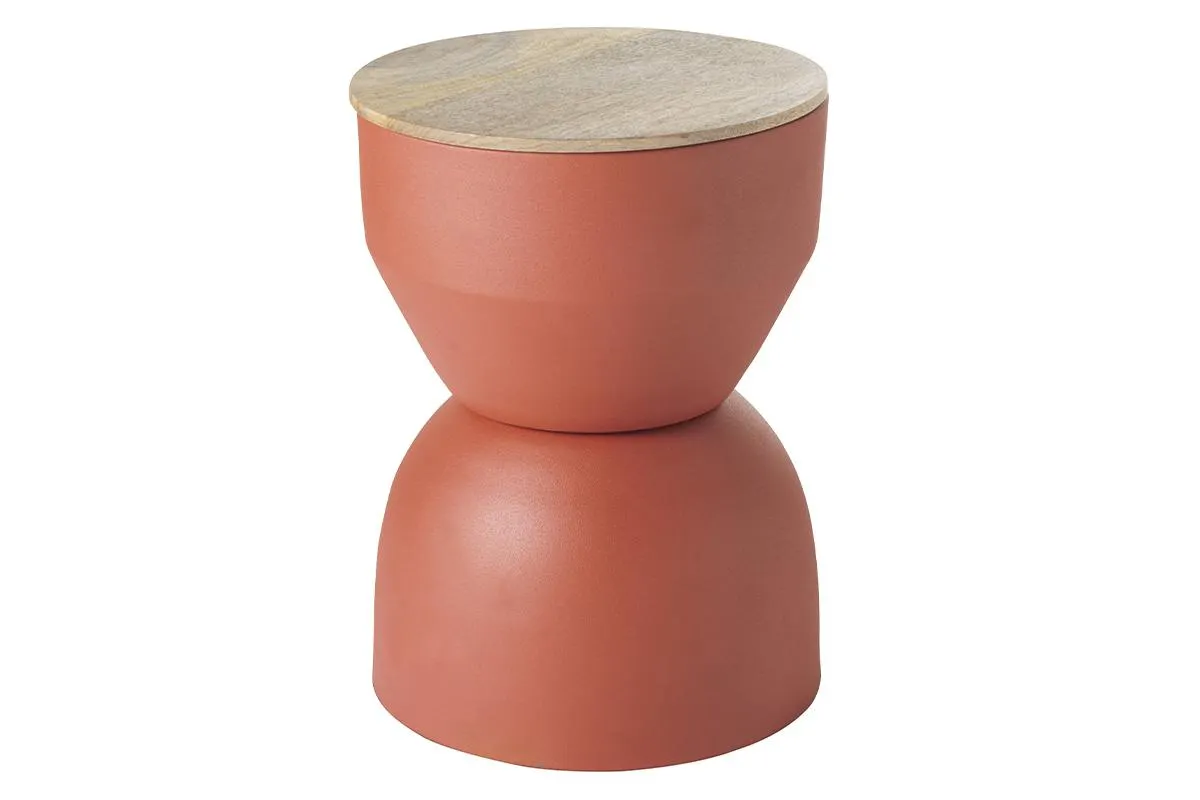 Table d'appoint ronde design avec rangement en métal terre brulée et bois manguier massif D30 cm YOYO