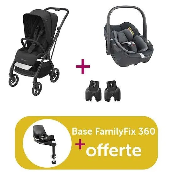 Pack poussette duo Léona 2 Essential Black + coque Pebble Essential Black + adaptateurs = base FamilyFix 360 offerte de Maxi Cosi