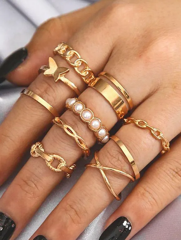 Ensemble de 10 Pièces Bagues en Alliage de Tendances Motif Papillon et Perle Fantaisie