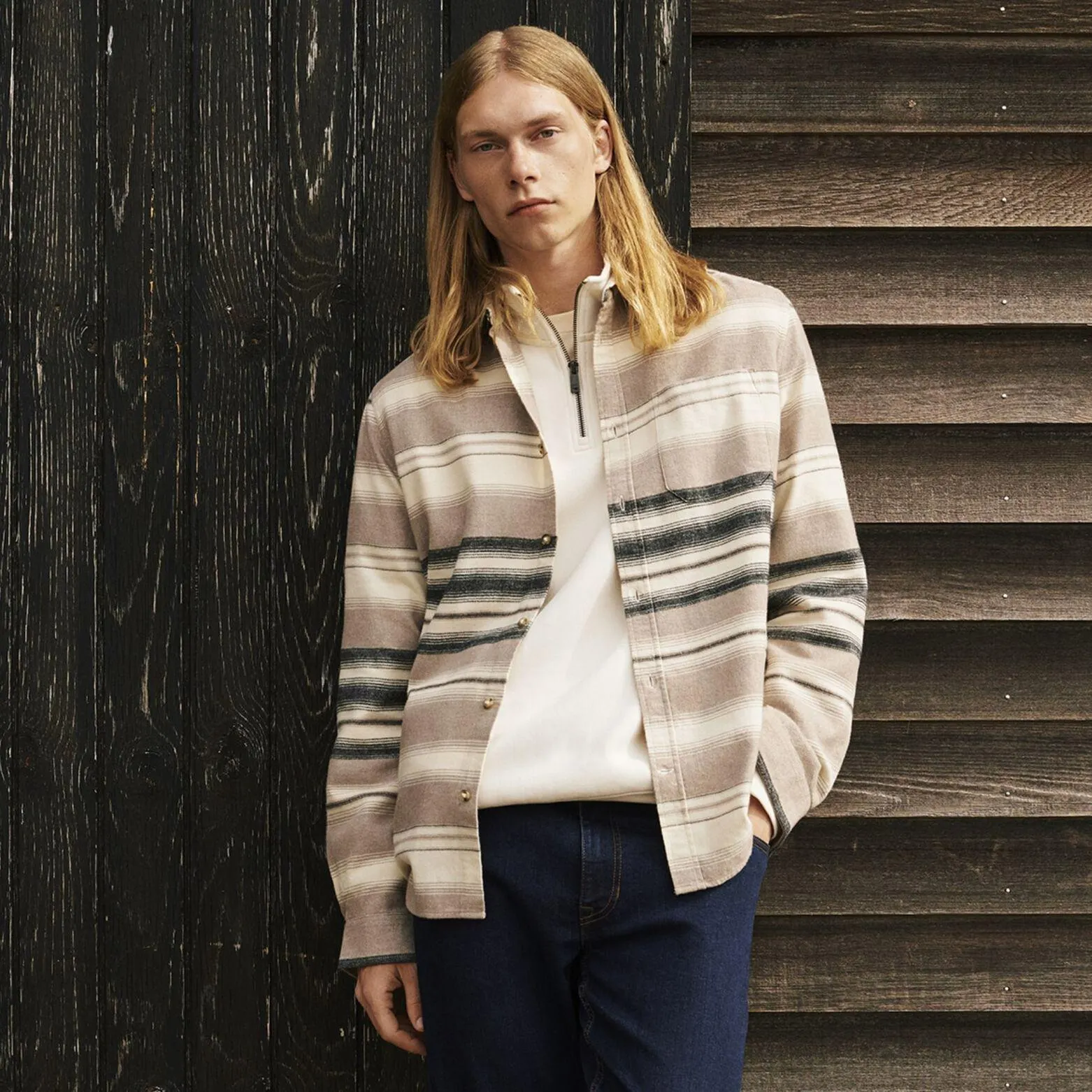 Chemise regular rayures coton recyclé flanelle - Ecru