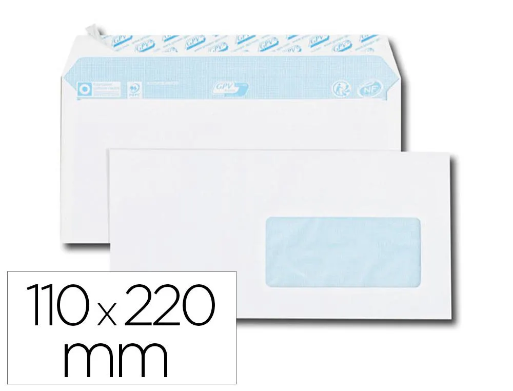 ENVELOPPE GPV EVERYDAY BLANCHE 80G DL 110X220MM FENETRE 45X100MM FERMETURE SECURISEE COLLAGE RENFORCE BOITE 500 UNITES