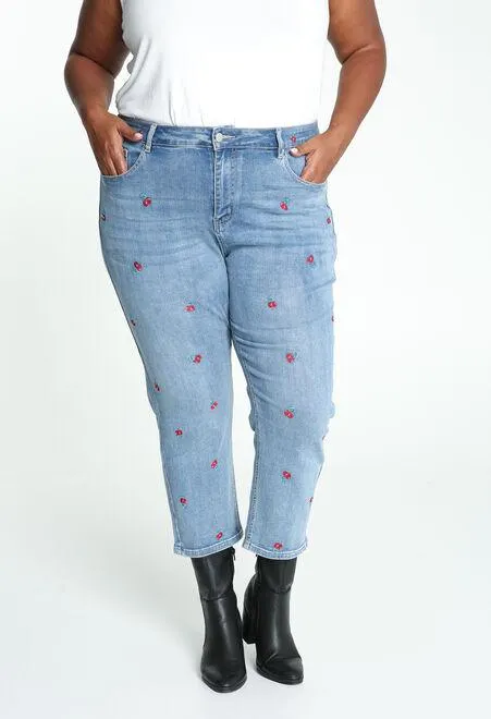 Jean Slim 'Louise' 3/4 broderies cerises