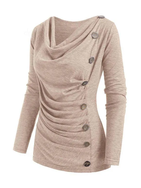 T-shirt Chiné Boutonné à Col Bénitier avec Faux Bouton