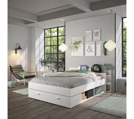 Lit avec rangements 140x190 cm TONIGHT blanc