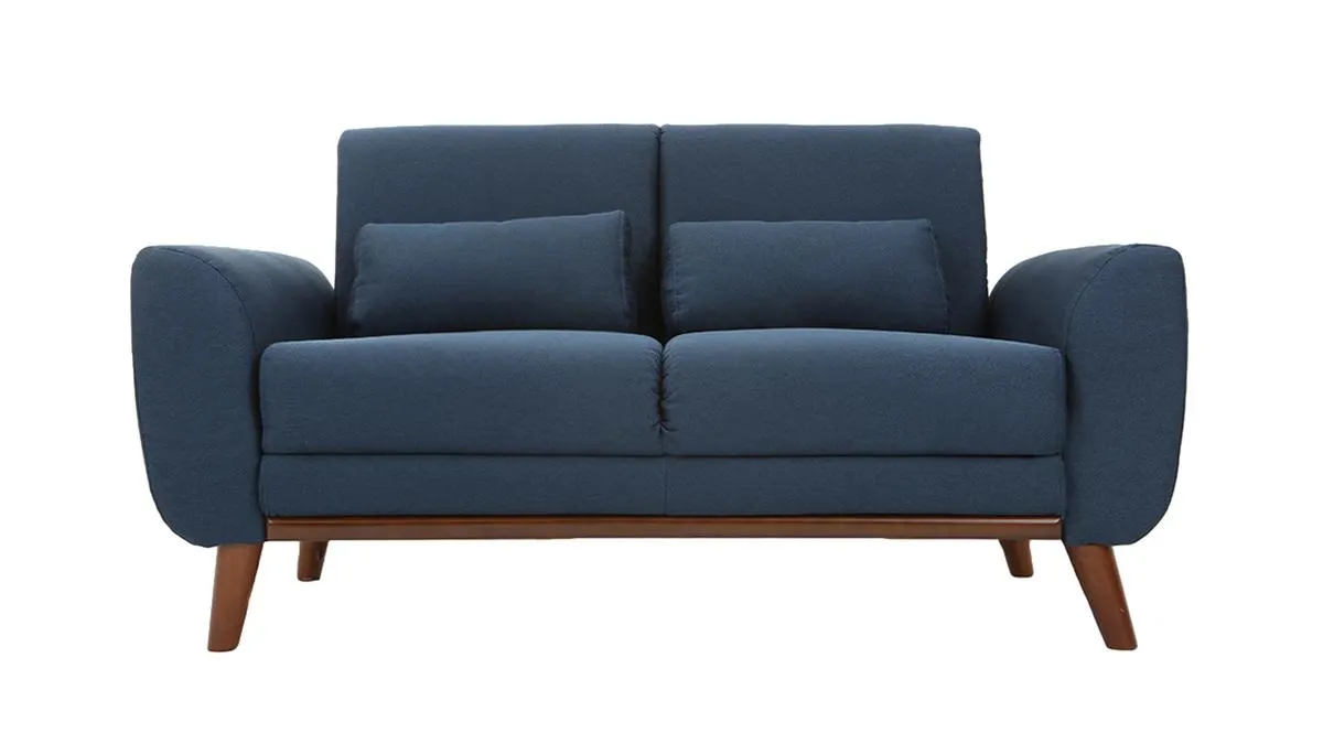 Canapé 2 places en tissu bleu foncé et bois foncé EKTOR