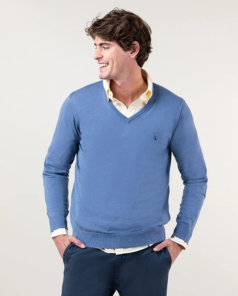 Pull Col V Coudières Bleu Moyen