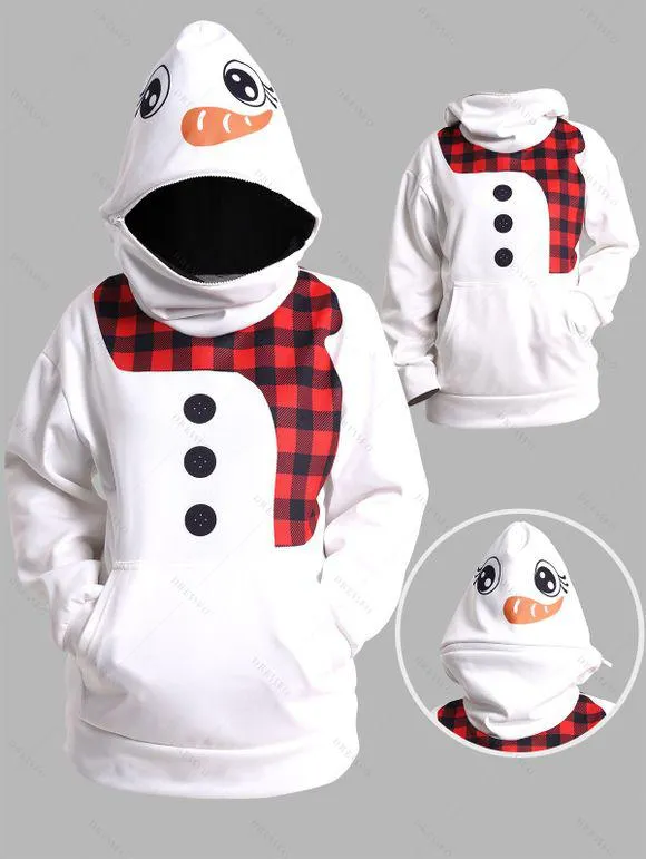 Sweat à Capuche Costume de Noël 3D Bonhomme de Neige Imprimé à Carreaux avec Poche Kangourou