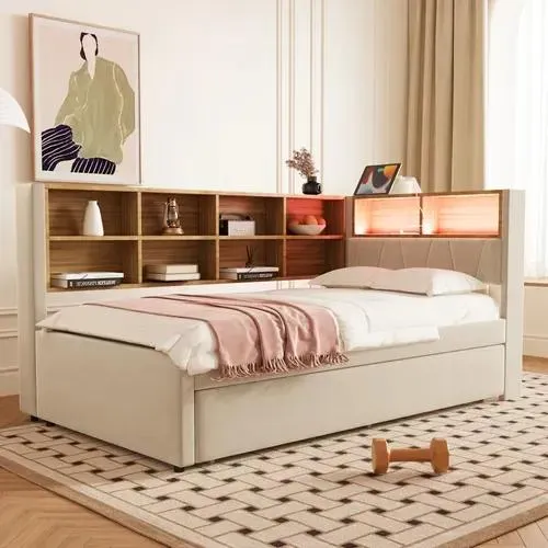 OKWISH Lit Enfant Lit Gigogne 90x200/90x190cm, Avec LED, Prises Et Nombreux Rangements, Flanelle, Beige