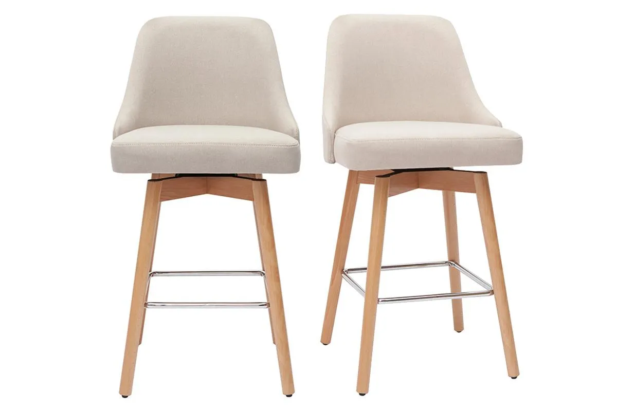 Tabourets de bar scandinaves pivotants 360° en tissu beige et bois hêtre massif H65 cm (lot de 2) HASTA