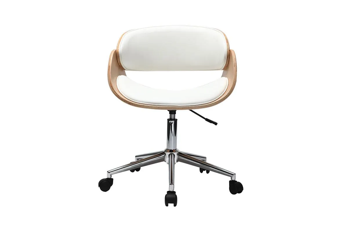 Chaise de bureau à roulettes design blanc, bois clair et acier chromé BENT