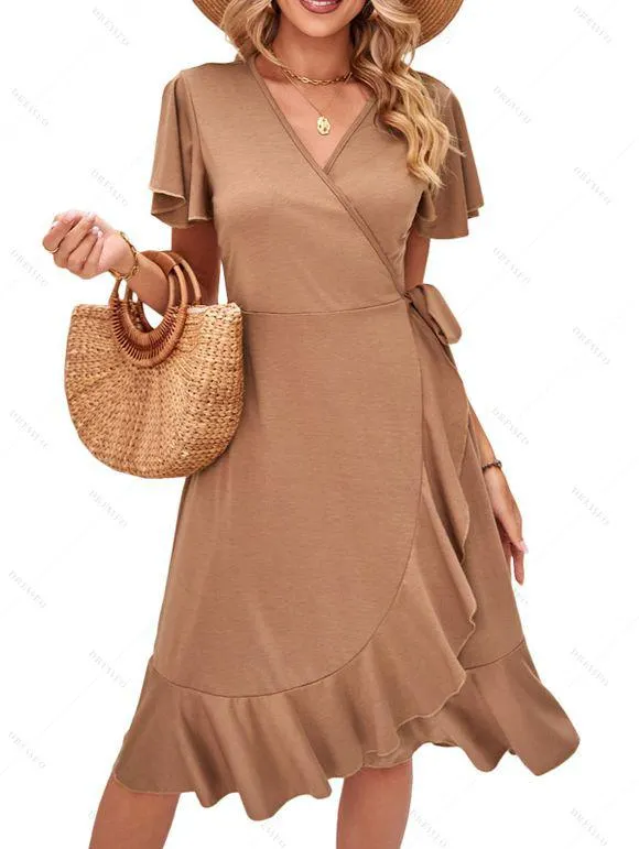 Robe D'Eté Simple en Couleur Unie Taille Nouée à Manches Courtes Ourlet à Volants