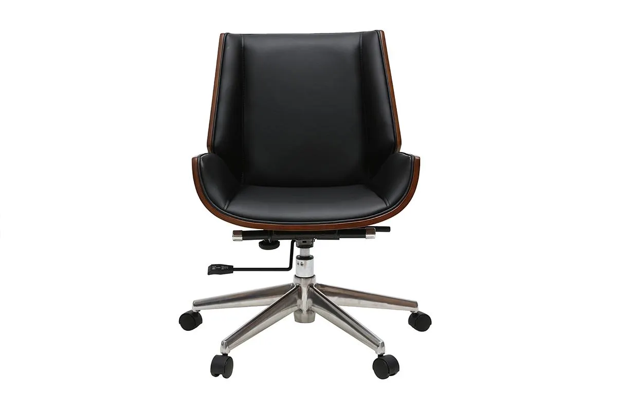 Chaise de bureau à roulettes design noir, bois foncé noyer et acier chromé CURVED