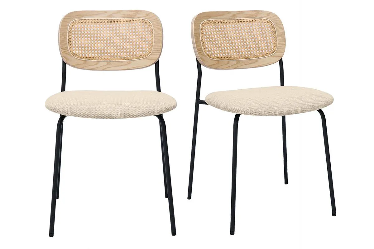 Chaises design en tissu effet velours texturé beige, métal noir et cannage rotin (lot de 2) MIRANDA