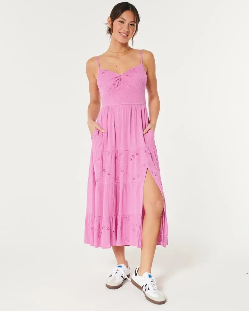 Eyelet Twist-Bust Tie-Back Midi Dress