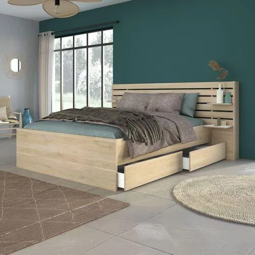Lit + tiroir 140x190 ou 200 cm ESCALE imitation chêne