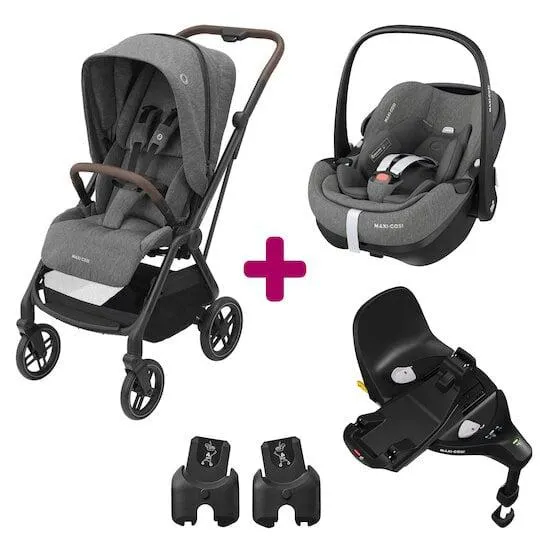 Pack poussette duo Léona 2 + pebble pro select grey + base familyfix 360 pro de Maxi Cosi