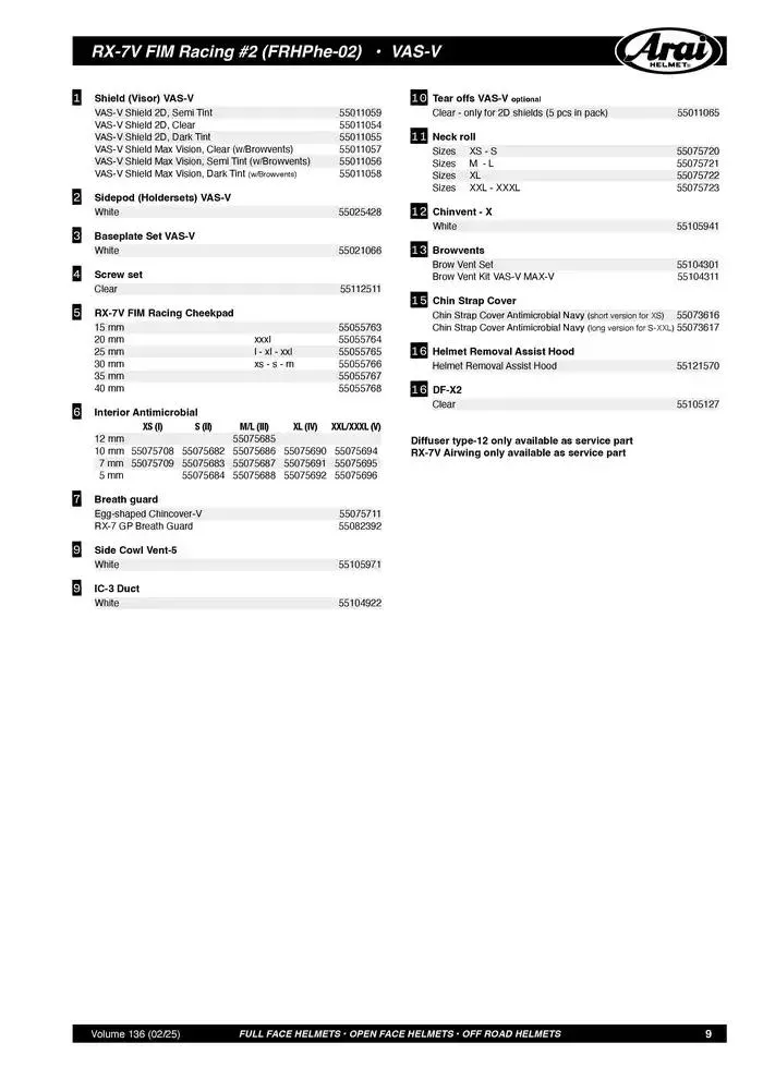 ARAI Parts Book 2025 du 21 février au 31 décembre 2025 - Catalogue page 9