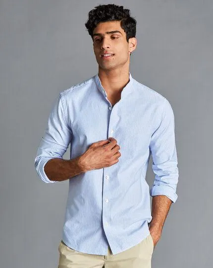 Collarless Stretch Washed Oxford Stripe Shirt - Ocean Blue