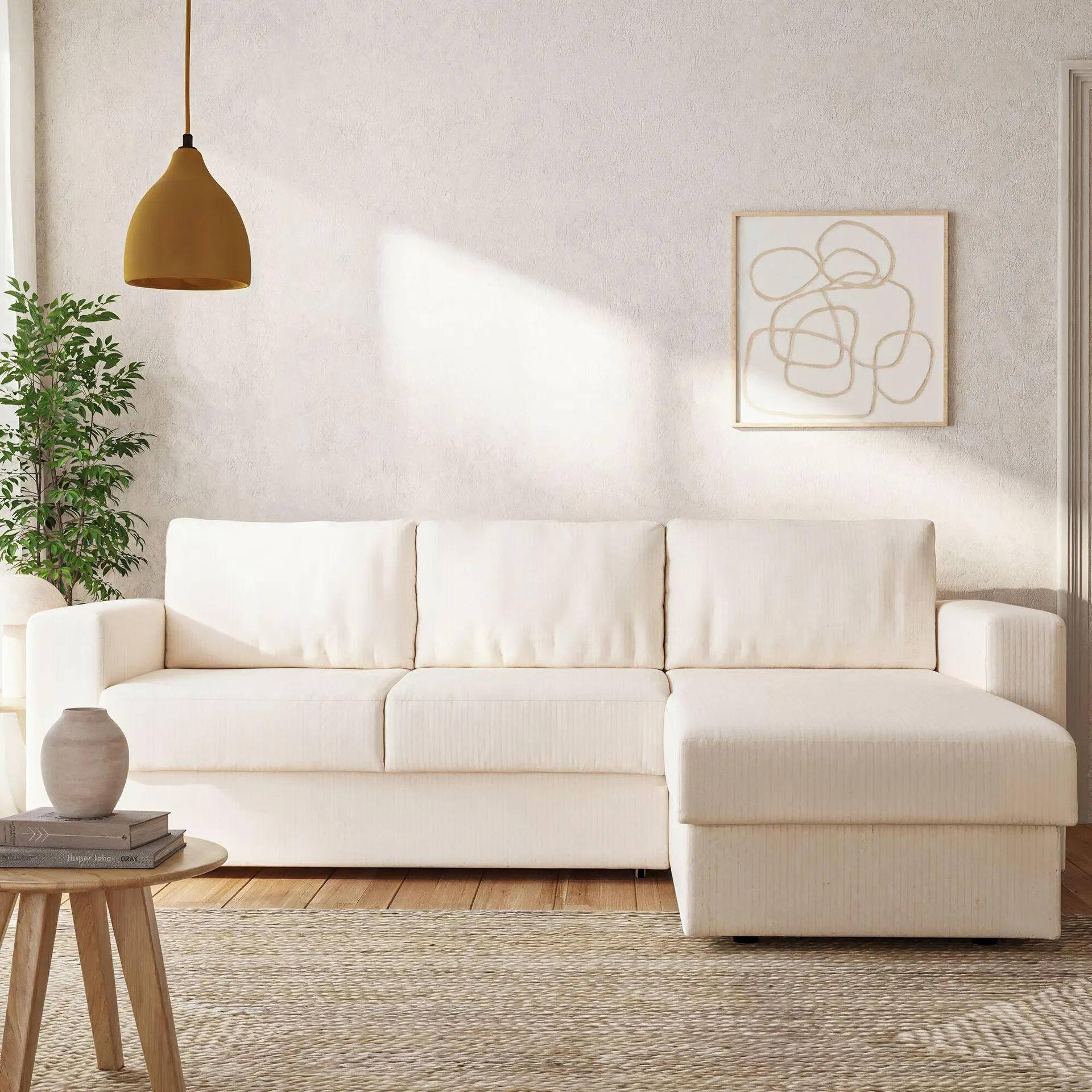 Canapé d'angle réversible convertible en velours côtelé - blanc ventoux