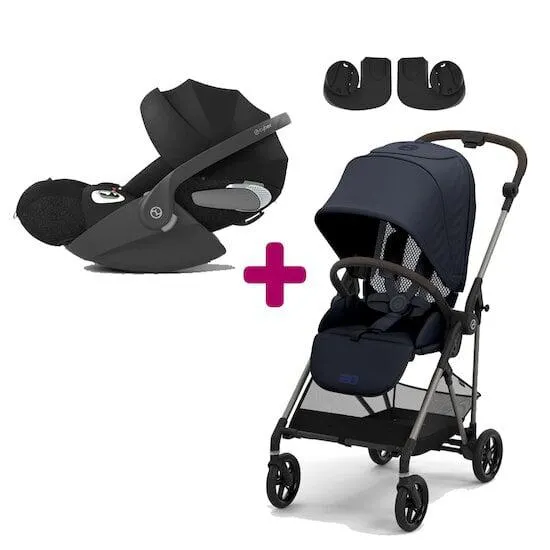 Pack poussette duo Melio 3 Ocean Blue + Coque Cloud T i-Size Sepia Black + adaptateurs coque de Cybex