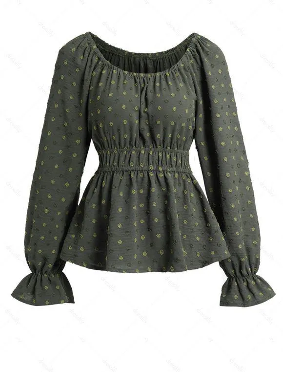 Haut Décontracté en Couleur Unie à Pois à Manches Longues à Volants