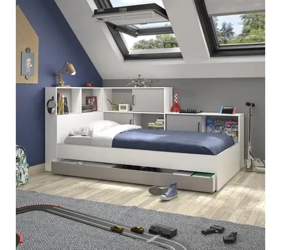 Lit 90x200 cm ERWAN avec rangements Gris et blanc