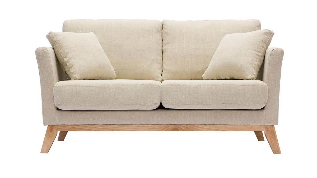 Canapé scandinave déhoussable 2 places en tissu beige et bois clair OSLO