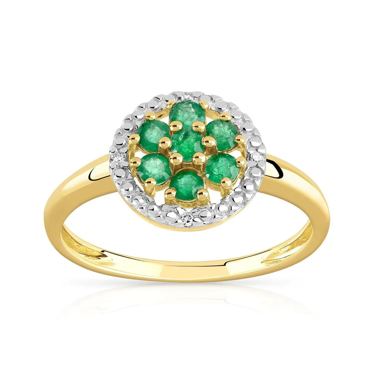 Bague or 375 2 tons fleur émeraudes et diamants