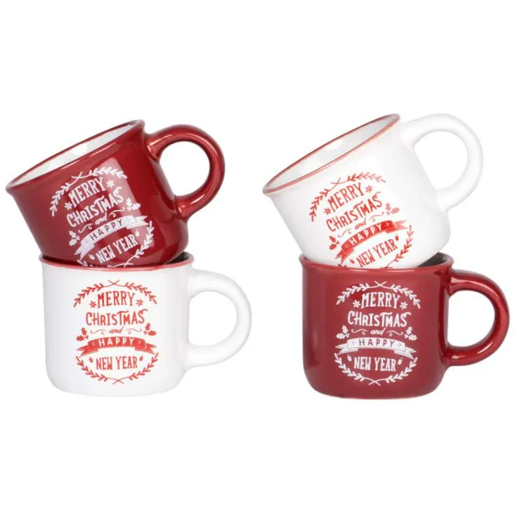Set 4 tazze in gres bianco e rosso