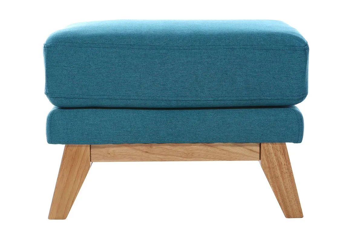 Pouf repose-pieds déhoussable scandinave en tissu bleu canard et bois clair OSLO