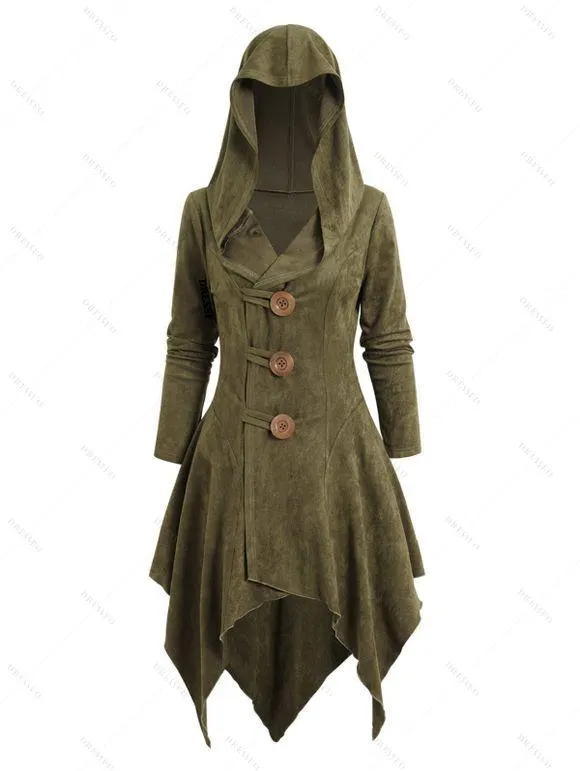Manteau à Capuche Long Asymétrique en Couleur Unie à Ourlet Irrégulier