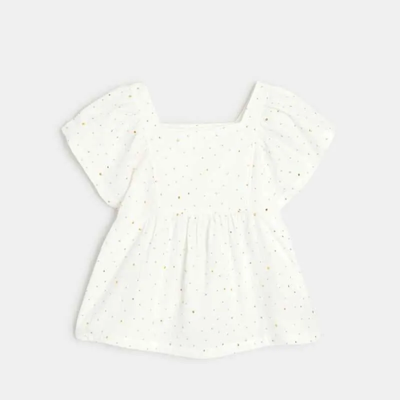 Blouse à pois en gaze de coton blanche fille